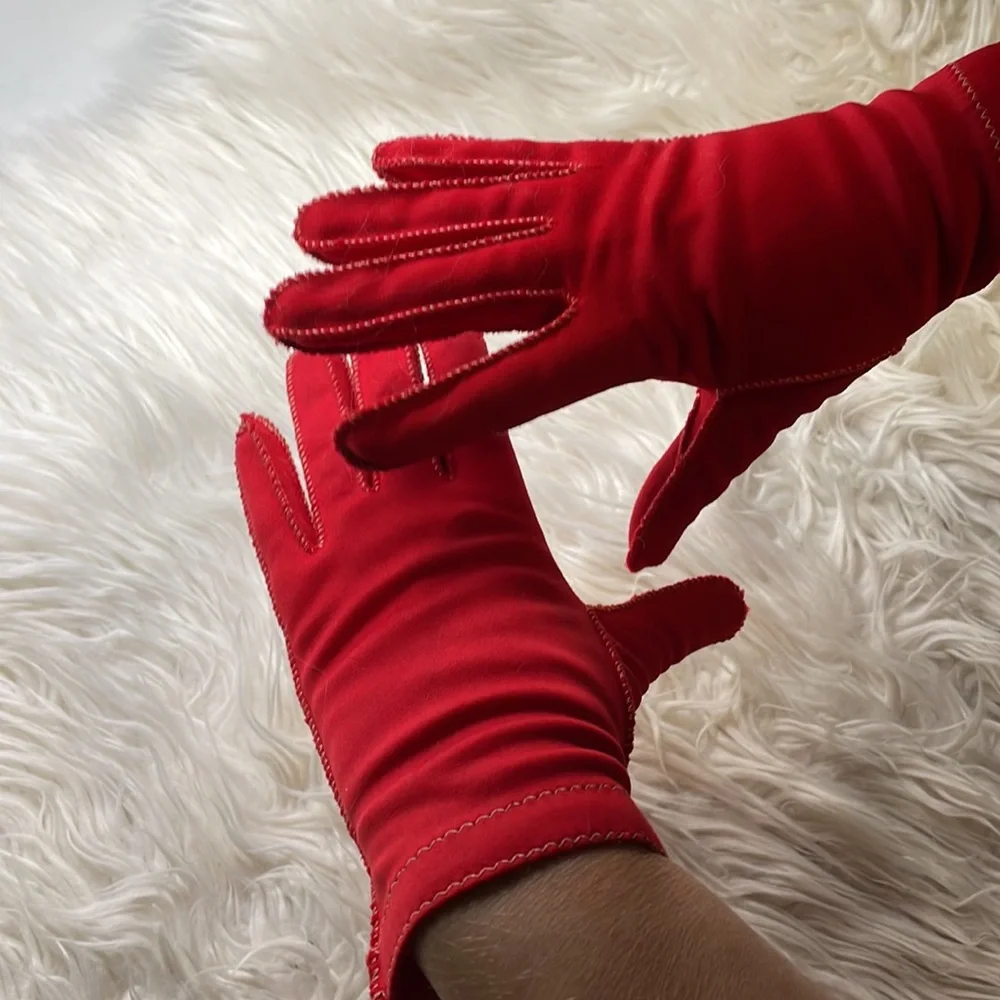 LEATHER SPUN NYLON GLOVES, red short 1950, VINTAGE, Size 6.5